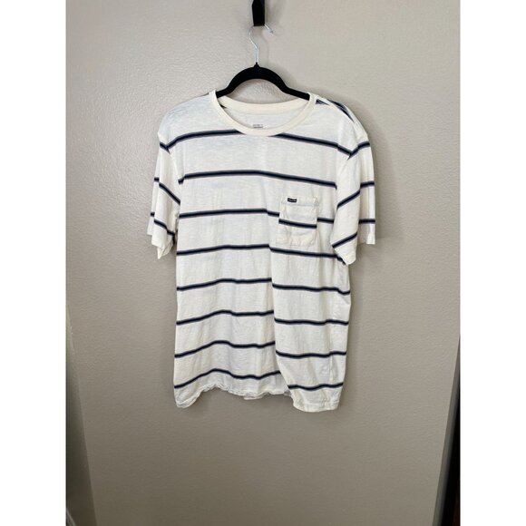 Volcom Modern Fit Striped Mens White T-Shirt Chest Pocket L Casual Cotton Cream - Picture 1 of 7